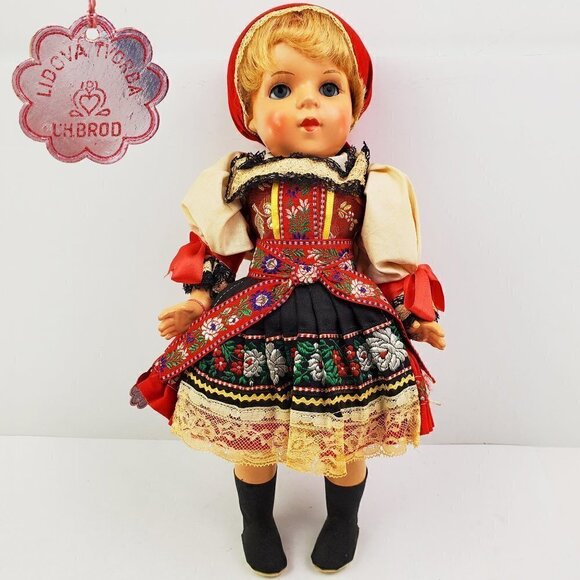 Czech Doll Lidova Tvorba VTG 60s UH Brod Traditional Outfit Moving Arms Legs 13" - Picture 1 of 14